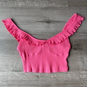 Ribbed Ruffle-Trim Crop Top - Bright Pink